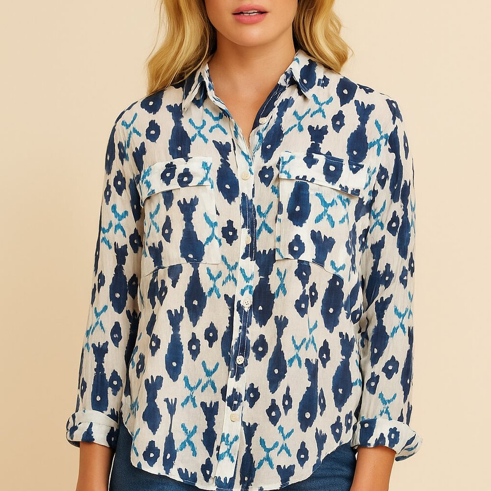 Roberta Roller Rabbit Top Small Blue Fish Print Button Relaxed Fit Beachy
